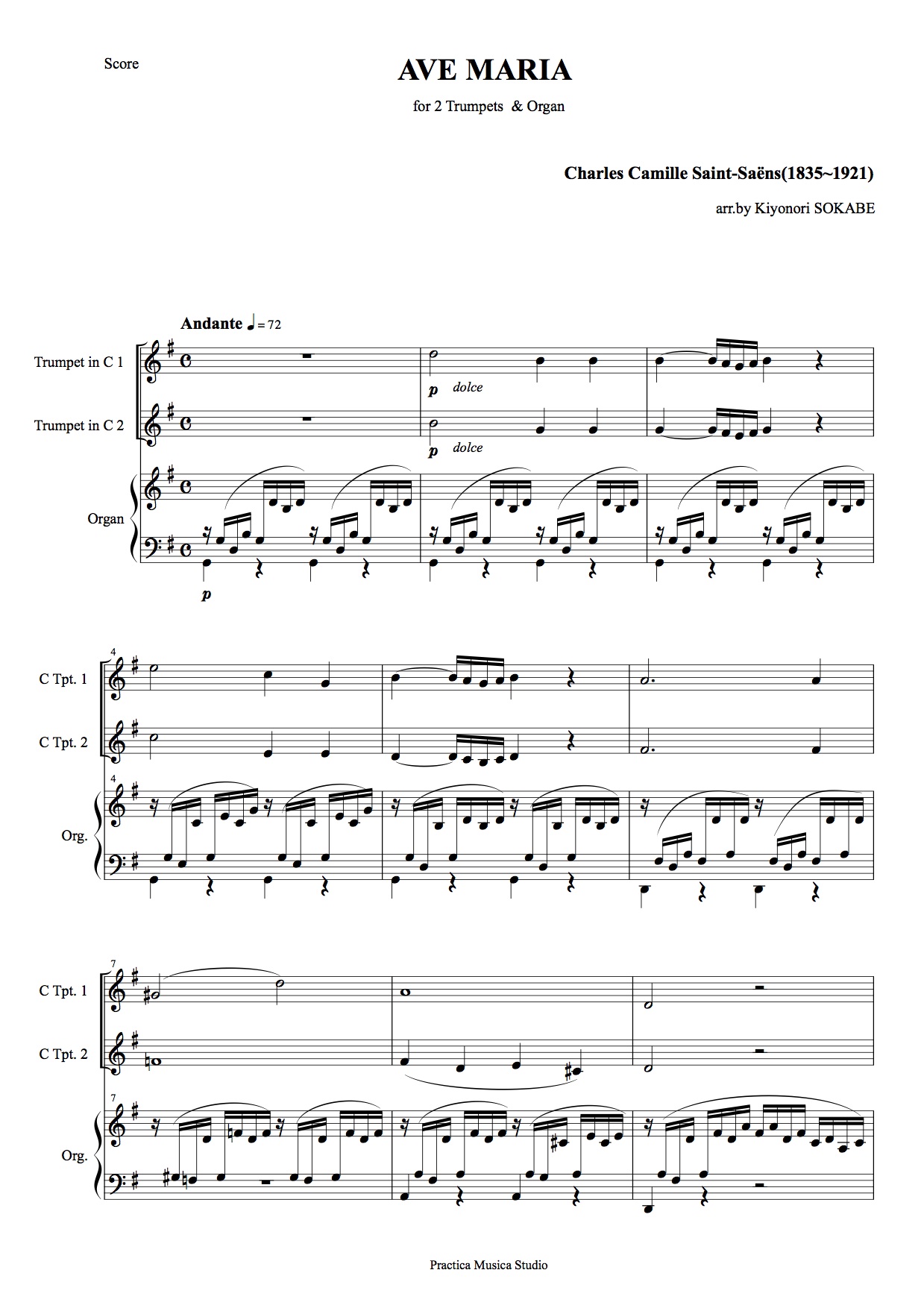 サンサーンスのアヴェマリア（２本のトランペットとピアノのための） (サンサーンス) 鍵盤/管楽 - 三重奏 | 現代日本の音楽の楽譜 | SOKABE  Music Publishing